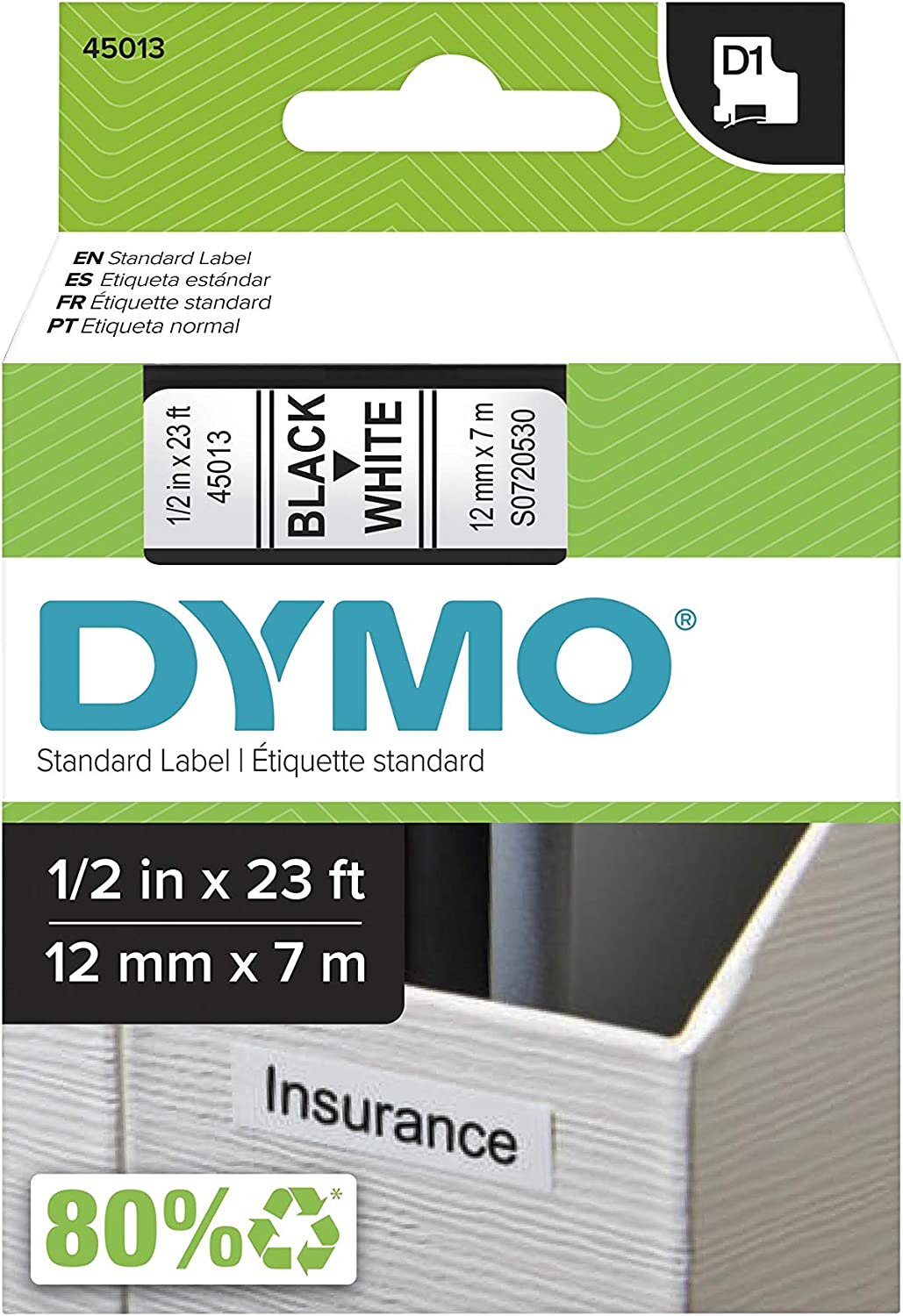 DYMO Standard D1 Labeling Tape for LabelManager Label Makers, Black Print on White Tape, 1/2'' W x 23' L, 1 catridge (45013) 1 Pack Polyester Tape