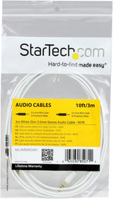 StarTech.com 3m White Slim 3.5mm Stereo Audio Cable - 3.5mm Audio Aux Stereo - Male to Male Headphone Cable - 2x 3.5mm Mini Jack (M) White (MU3MMMSWH), 10 ft 10 ft Straight Audio Cable