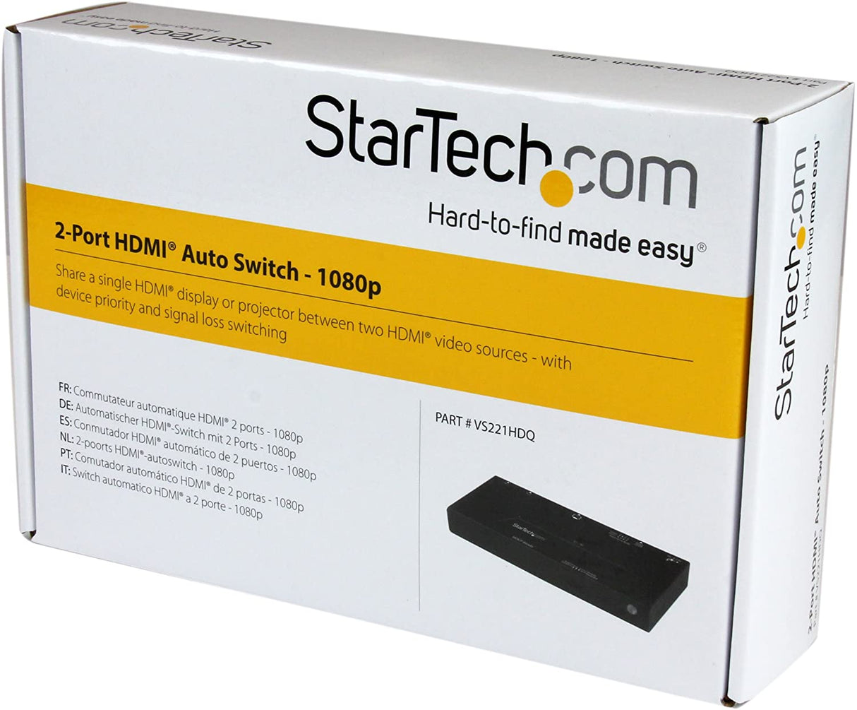 StarTech.com 2 Port HDMI Switch w/ Automatic and Priority Switching - 2 In 1 Out HDMI Selector with Automatic Priority Switching – 1080p (VS221HDQ),Black