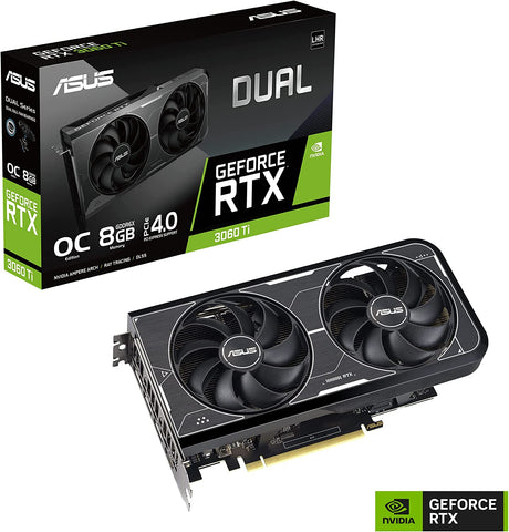 ASUS Dual NVIDIA GeForce RTX 3060 Ti OC Edition Graphics Card (PCIe 4.0, 8GB GDDR6X Memory, HDMI 2.1, DisplayPort 1.4a, 2-Slot Design, Axial-tech Fan Design, 0dB Technology, and More)