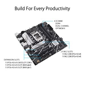 ASUS Prime B760M-A D4 Intel® B760 (LGA 1700)(13th and 12th Gen) mATX Motherboard, PCIe 4.0, 2xM.2 Slots,2.5Gb LAN, DisplayPort,Dual HDMI,Rear USB 3.2 Gen 2, Front USB 3.2 Gen 1 Type-C®, Aura Sync