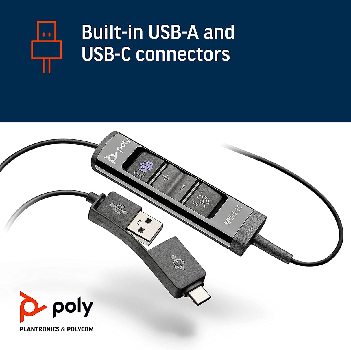 Poly - EncorePro 515-M USB-A and USB-C USB Headset (Plantronics) - Optimized for Teams - Hold &amp; Call Answer Buttons - Works with Avaya, Genesys, &amp; Cisco Call Center Platforms - Single Ear/Mono Microsoft Teams Version Over-the-Head Single Ear