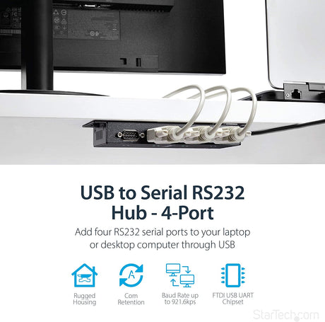 StarTech.com 4 Port USB to Serial RS232 Adapter - Wall Mount - Din Rail - COM Port Retention - FTDI USB to DB9 RS232 Hub (ICUSB2324I) 4 Port Industrial Adapter