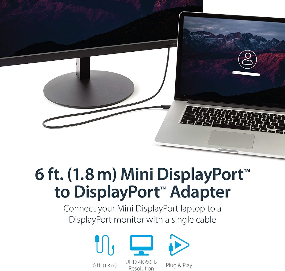 StarTech.com 6ft (2m) Mini DisplayPort to DisplayPort 1.2 Cable - 4K x 2K UHD Mini DisplayPort to DisplayPort Adapter Cable - Mini DP to DP Cable for Monitor - mDP to DP Converter Cord (MDP2DPMM6) 6 ft / 2 m Black