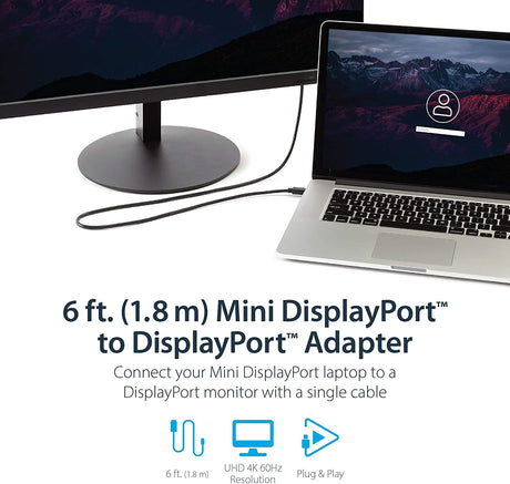 StarTech.com 6ft (2m) Mini DisplayPort to DisplayPort 1.2 Cable - 4K x 2K UHD Mini DisplayPort to DisplayPort Adapter Cable - Mini DP to DP Cable for Monitor - mDP to DP Converter Cord (MDP2DPMM6) 6 ft / 2 m Black