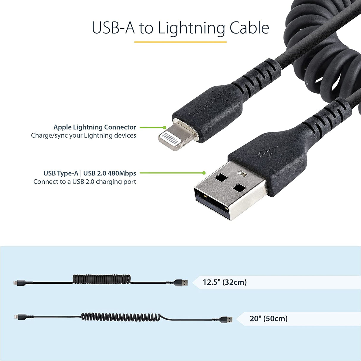 Startech 50cm / 20in USB C to Lightning Cable, MFi Certified, Coiled iPhone  Char