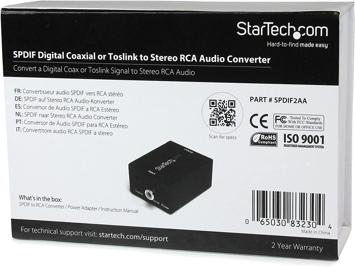 StarTech.com SPDIF Digital Coaxial or Toslink Optical to Stereo RCA Audio Converter - Digital Audio Adapter (SPDIF2AA),Black Toslink/Digital Coax to RCA Stereo Audio