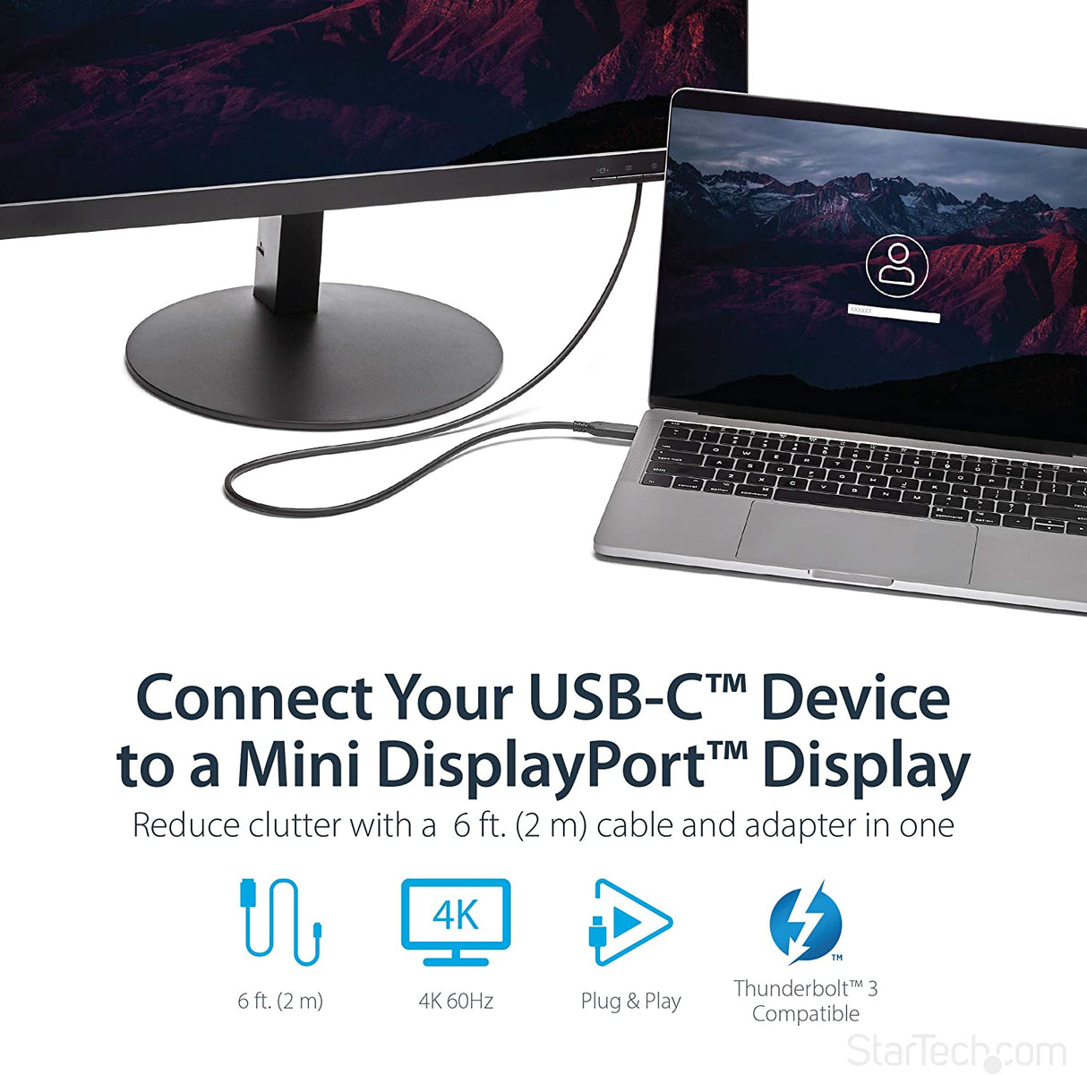 StarTech.com 6ft / 2m USB-C to Mini DisplayPort Cable - 4K 60Hz - Black - USB 3.1 Type C to mDP Adapter (CDP2MDPMM6B) 6 feet