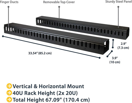 StarTech.com Vertical Cable Organizer with Finger Ducts - Vertical Cable Management Panel - Rack-Mount Cable Raceway - 0U - 6 ft. (CMVER40UF)