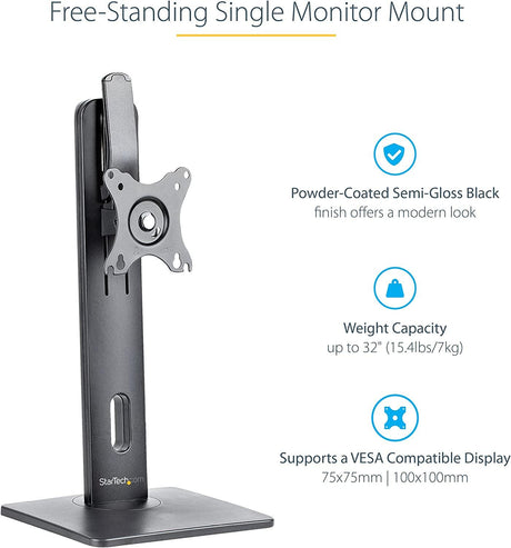 StarTech.com Free Standing Single Monitor Mount - Height Adjustable Monitor Stand - for VESA Mount Displays up to 32" (15lb/7kg) - Ergonomic Monitor Stand for Desk - Tilt/Swivel/Rotate (FPPNEUSTND) Black