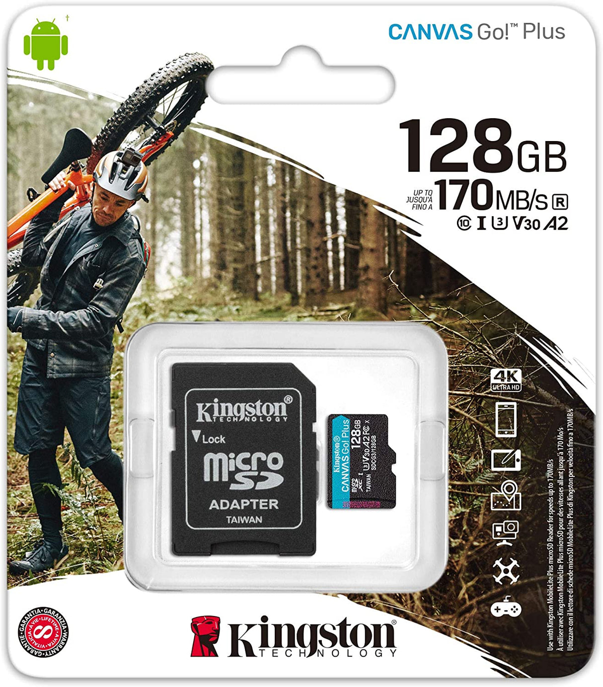 Kingston 128GB microSDXC Canvas Go Plus 170MB/s Read UHS-I, C10, U3, V30, A2/A1 Memory Card + Adapter (SDCG3/128GBCR)