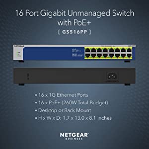 NETGEAR 16-Port Gigabit Ethernet Unmanaged PoE Switch (GS516PP) - with 16 x PoE+ @ 260W, Desktop or Rackmount, and Limited Lifetime Protection 16 port | 16xPoE+ 260W