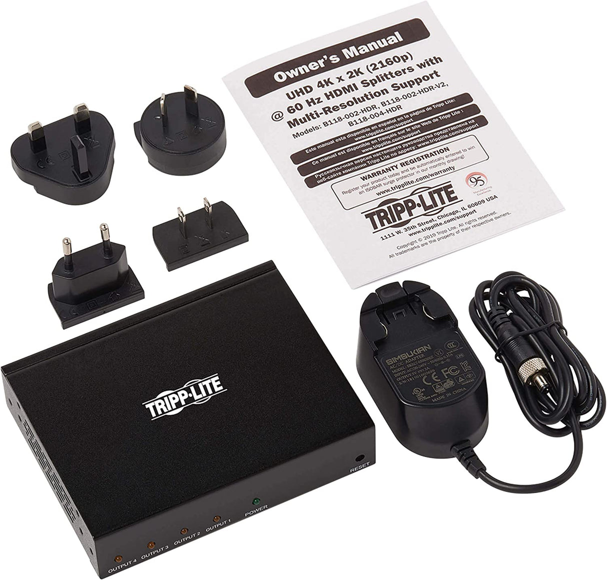 Tripp Lite HDMI Splitter, 1 in 4 Out Splitter, 4 Port HDMI Splitter, 4K @ 60 Hz, 4:4:4, Multi-Resolution Support, HDR, HDCP 2.2, TAA (B118-004-HDR), 15 Feet