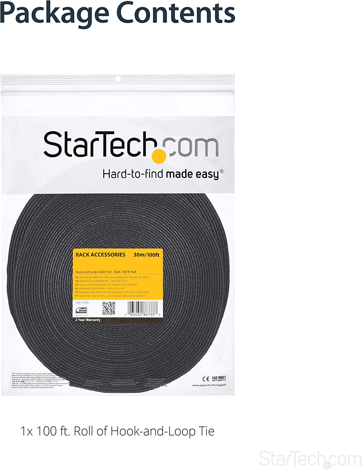 StarTech.com 100ft. Hook and Loop Roll - Cut-to-Size Reusable Cable Ties - Bulk Industrial Wire Fastener Tape - Adjustable Fabric Wraps - Black (HKLP100) 100 ft Black