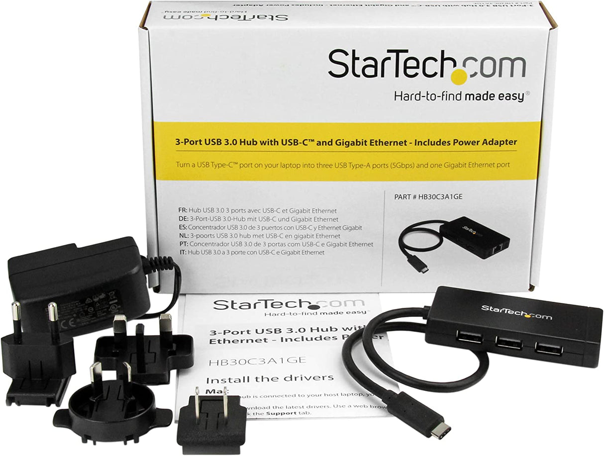 StarTech.com 3 Port USB C Hub with Ethernet - USB-C to 3X USB-A w/Power Adapter &amp; Gigabit Ethernet - Thunderbolt 3 Compatible - USB C Network Adapter (HB30C3A1GE) Standard (Black) Ethernet w/ 3x USB-A