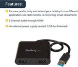 StarTech.com USB 3.0 to Dual HDMI Adapter - 1x 4K 30Hz &amp; 1x 1080p - External Video &amp; Graphics Card - USB Type-A to HDMI Dual Monitor Display Adapter - Supports Windows Only - Black (USB32HD2)