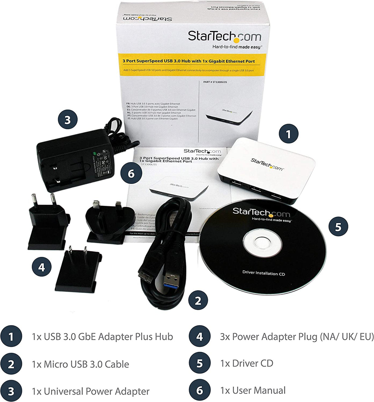 StarTech.com USB 3.0 to Gigabit Ethernet NIC Network Adapter with 3 Port Hub - White - USB 3 Ethernet Adapter - USB Charging Hub (ST3300U3S) White w/ 3 USB Ports