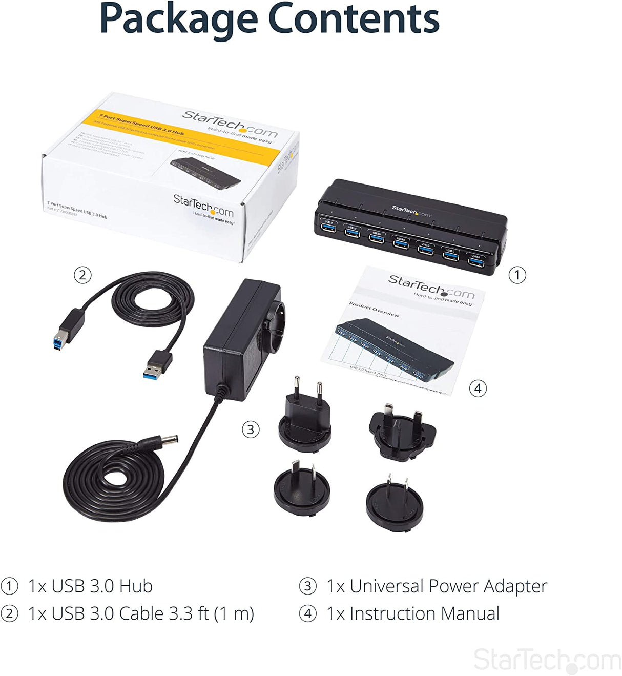 StarTech.com 7 Port USB 3.0 Hub – Up To 5 Gbps – 7 x USB – Universal Multi Port USB Extender for Your Desktop – USB Powered (ST7300USB3B) 7 x SuperSpeed USB-A | Power Adapter Desktop