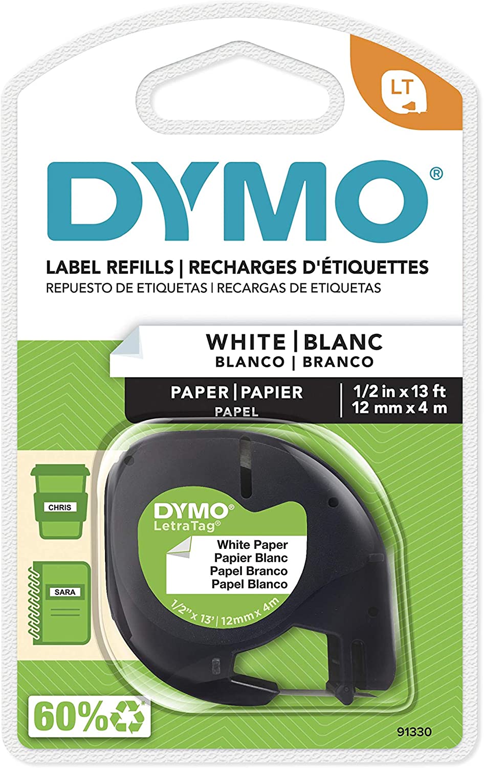 DYMO LetraTag Labeling Tape, Label Makers, Black Print on White Paper, 1/2" W x 13' L, 1 Cassette