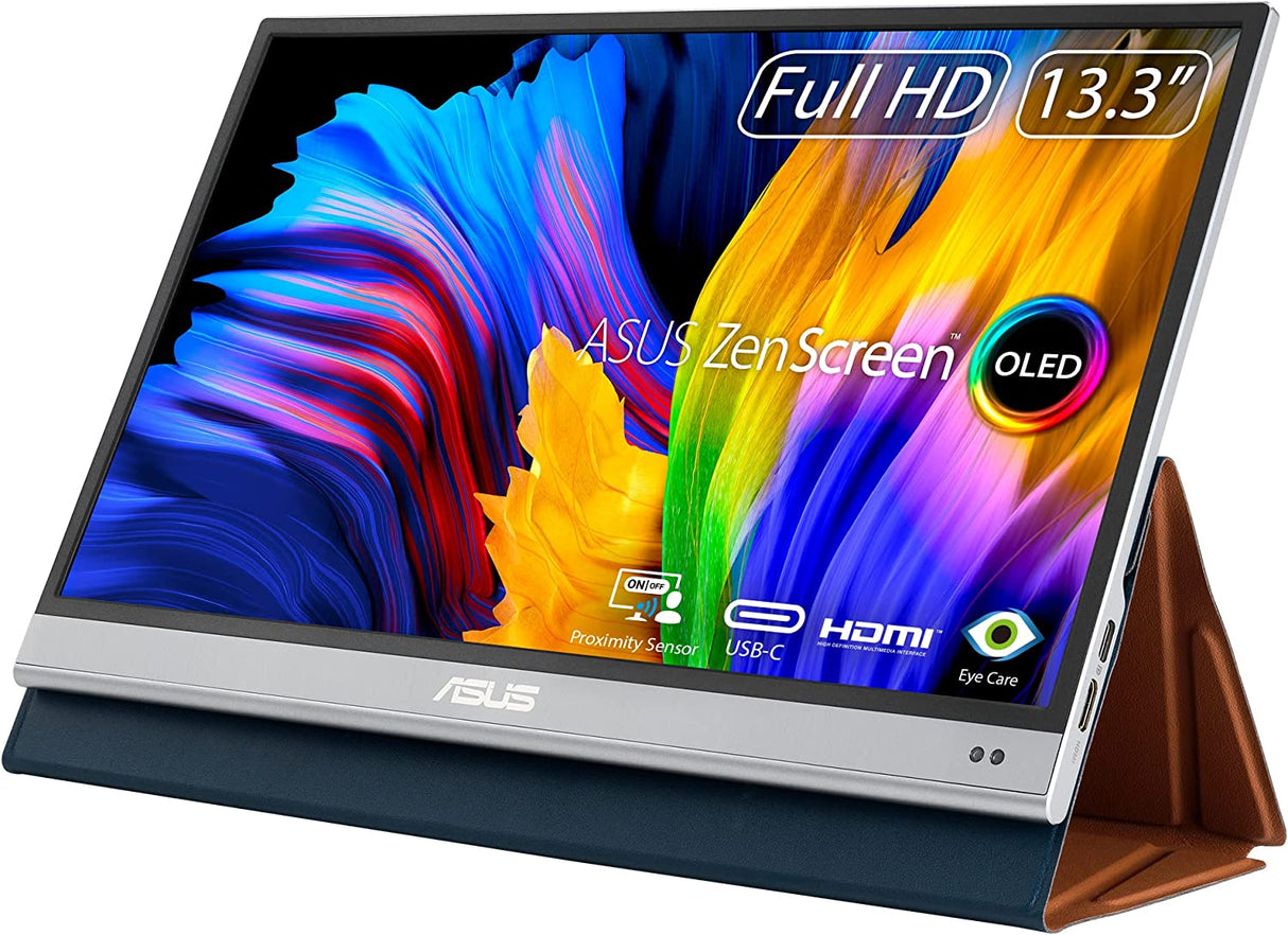ASUS ZenScreen OLED 13.3” 1080P Portable Monitor (MQ13AH) - Full HD, 100% DCI-P3, 1ms, Delta E &lt; 2, HDR-10, Eye Care, USB Type-C, Mini HDMI, Proximity Sensor 13.3&quot; OLED FHD USB-C HDR-10