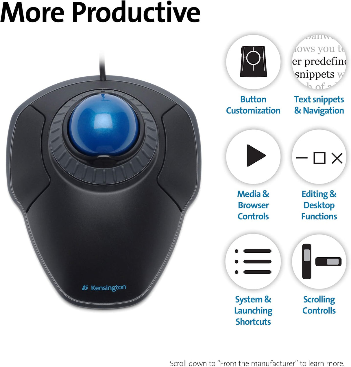 Kensington Orbit Mouse - Wired Ergonomic TrackBall Mouse for PC, Mac and Windows with Scroll Ring, Ambidextrous Design and Optical Tracking - Blue (K72337EU)