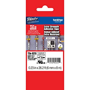 Brother Genuine P-touch TZE-S211 Tape, 1/4" (0.23") Wide Extra-Strength Adhesive Laminated Tape, Black on White, Laminated for Indoor or Outdoor Use, Water-Resistant,0.23" x 26.2' (6mm x 8M), TZE-S211