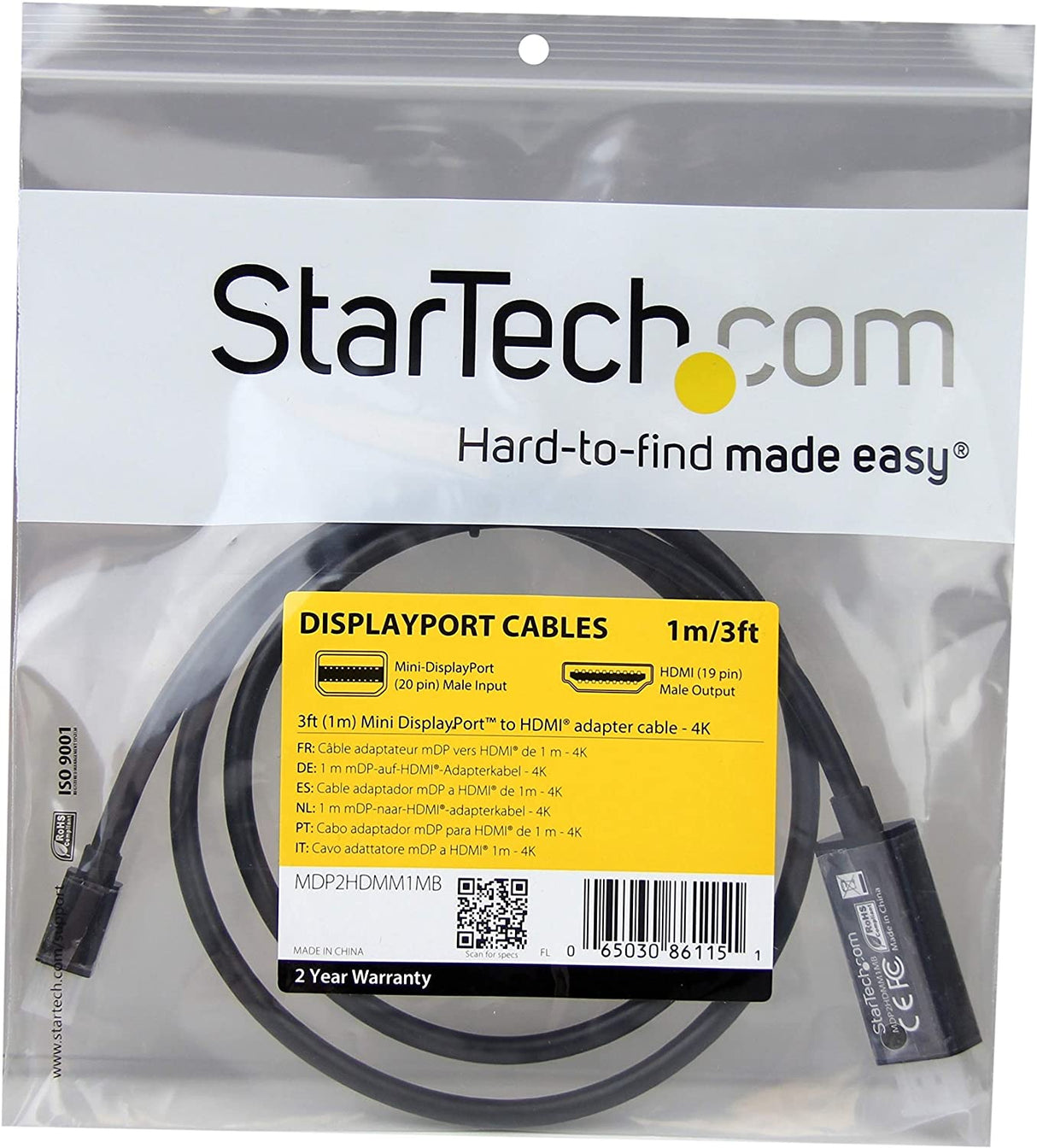 StarTech.com 3ft (1m) Mini DisplayPort to HDMI Cable - 4K 30Hz Video - mDP to HDMI Adapter Cable - Mini DP or Thunderbolt 1/2 Mac/PC to HDMI Monitor/Display - mDP to HDMI Converter Cord (MDP2HDMM1MB) 3 ft / 1 m Black