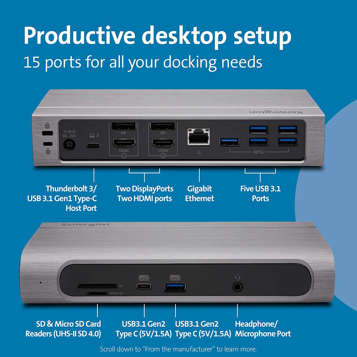 Kensington SD5600T 14-in-1 USB-C and Thunderbolt 3 Dock - Compatible with Mac and Windows, 96W Laptop Charging, 2X HDMI 2.0 and DisplayPort, 7X USB Ports, Ethernet, Audio, SD/MicroSD (K34009US)