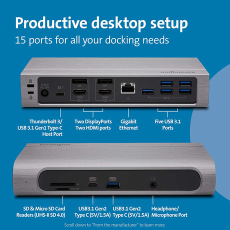 Kensington SD5600T 14-in-1 USB-C and Thunderbolt 3 Dock - Compatible with Mac and Windows, 96W Laptop Charging, 2X HDMI 2.0 and DisplayPort, 7X USB Ports, Ethernet, Audio, SD/MicroSD (K34009US)