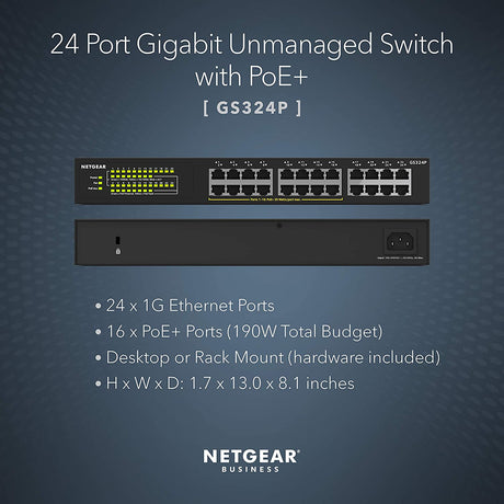 NETGEAR 24-Port Gigabit Ethernet Unmanaged PoE+ Switch (GS324P) - with 16 x PoE+ @ 190W, Desktop or Rackmount Unmanaged 24 port | 16xPoE+ 190W