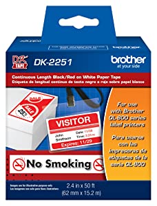Brother Genuine DK-2251 Continuous Length Replacement Labels, Black/Red Label on White Paper Tape, Engineered with Excellence, 2.4” x 50 feet, 1 Roll per Box