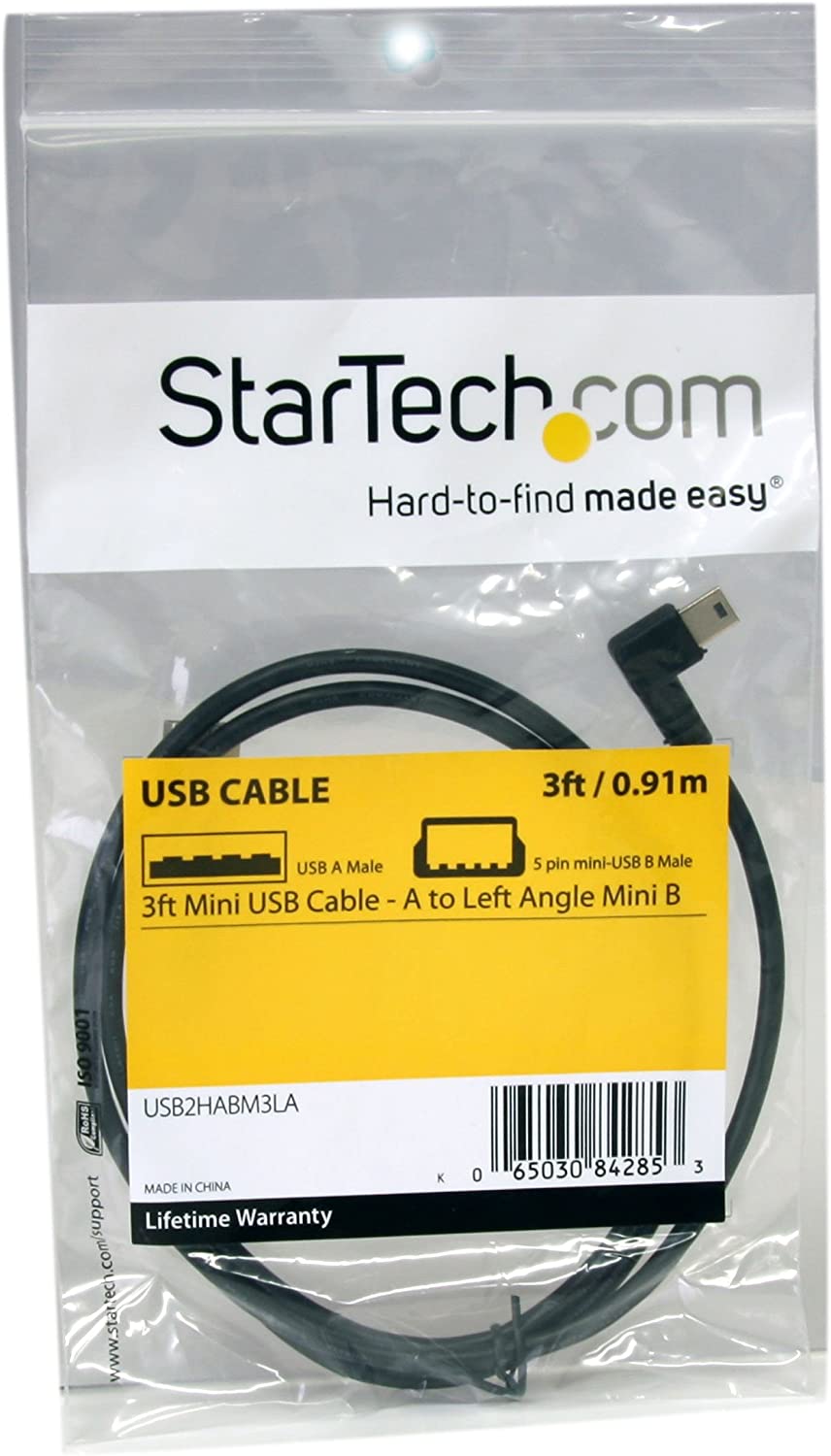 StarTech.com 3 ft. (0.9 m) Left Angle Mini USB Cable - USB 2.0 A to Left Angle Mini B - Black - Mini USB Cable (USB2HABM3LA) 3 ft / 1m Left Angle