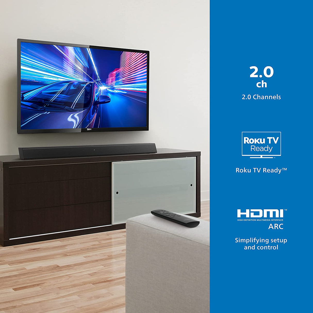 Philips B5106 2.0-Channel Soundbar with HDMI ARC Support, Roku TV Ready, Black