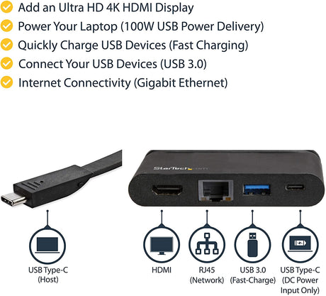 StarTech.com USB C Multiport Adapter - Portable USB-C Dock with 4K HDMI - 100W PD 3.0 Pass-Through, 1x USB-A, 1x USB-C, GbE - Thunderbolt 3 &amp; USB Type-C Laptop Travel Dock - Mac &amp; Windows (DKT30CHCPD) 100W Power Delivery | 1x USB-A 3.0 Fast Charge