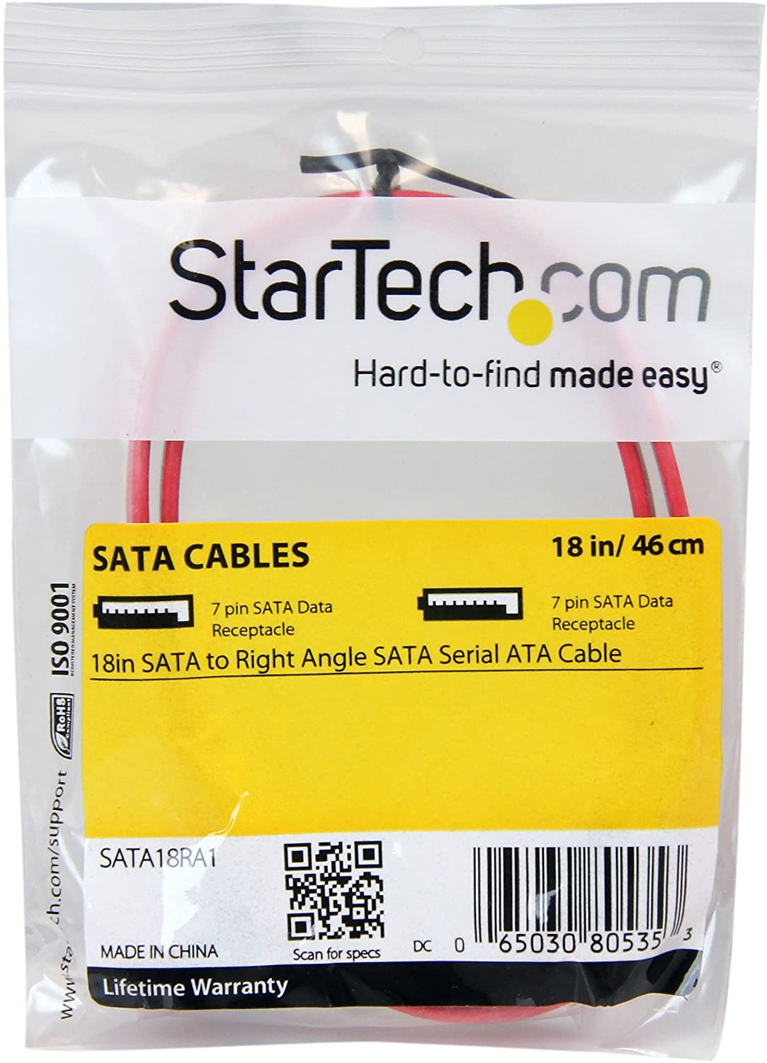 StarTech.com 18in SATA to Right Angle SATA Serial ATA Cable - 18in SATA Cable - 18 SATA Cable - 18in angled SATA Cable 18 inch Right Angle