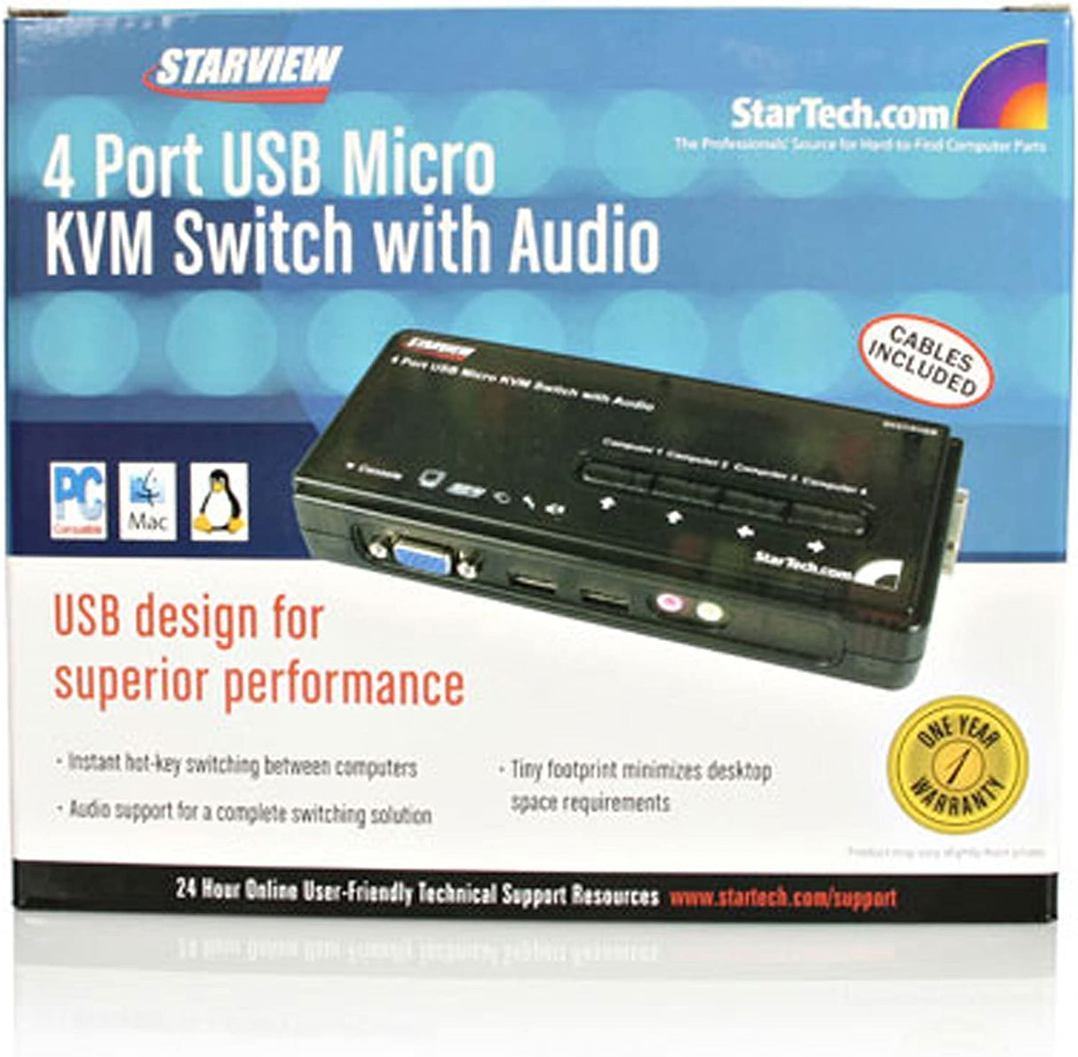 StarTech.com 4 Port Black USB KVM Switch Kit with Cables and Audio - desktop KVM Switch - VGA KVM Switch - USB KVM Switch 4 Port (SV411KUSB) 4 Port VGA