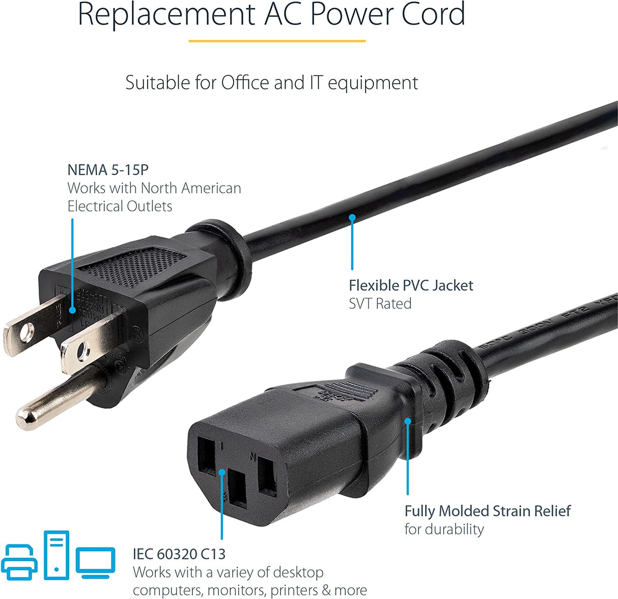 StarTech.com 3ft (1m) Computer Power Cord, NEMA 5-15P to C13, 10A 125V, 18AWG, Black Replacement AC Power Cord, Printer Power Cord, PC Power Supply Cable, Monitor Power Cable - UL Listed (PXT101_3) 3 ft/1 m 1 Pack