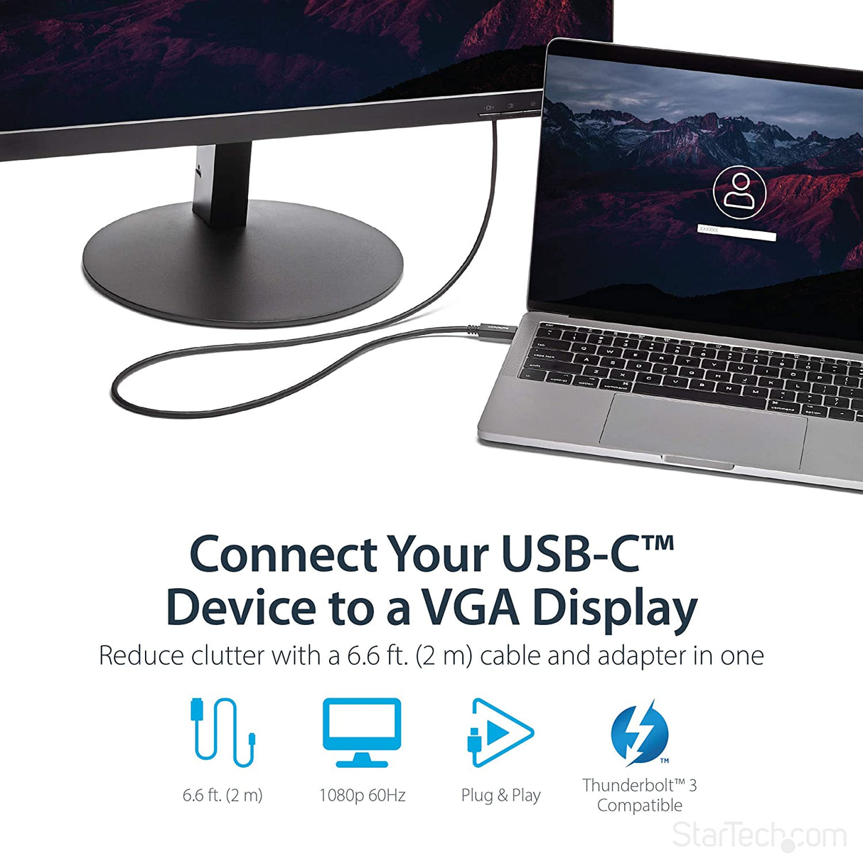 StarTech.com 6ft/2m USB C to VGA Cable - 1920x1200/1080p USB Type C to VGA Video Active Adapter Cable - Thunderbolt 3 Compatible - Laptop to VGA Monitor/Projector - DP Alt Mode HBR2 (CDP2VGAMM2MB) 6.6 feet