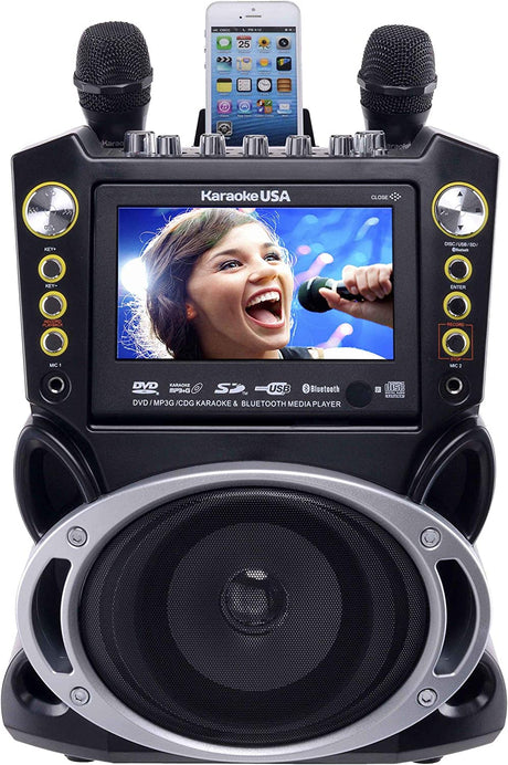 Karaoke USA GF844 Complete Karaoke System with 2 Microphones, Remote Control, 7” Color Screen, LED Lights - Works with DVD, Bluetooth, CD, MP3 and All Devices