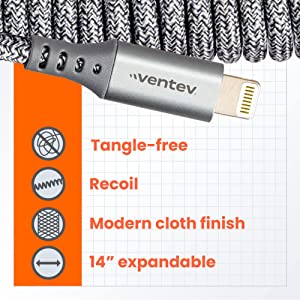 Ventev Helix 14 In Expandable iPhone Cable | Fast Charging USB-A to Lightning Cable | Coiled MFi Certified iPhone Charger Cord | No Tangle Cord, Conveniently Crafted For The Car iPhone, Gray