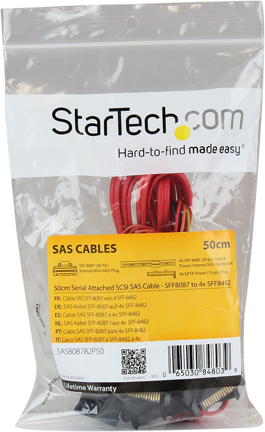 StarTech.com 50cm Internal Serial Attached SCSI Mini SAS Cable - SFF8087 to 4x SFF8482 - Internal Mini SAS Cable (SAS808782P50) , Red