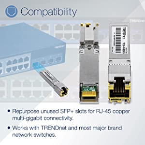 TRENDnet 10G RJ-45 Copper SFP+ Module, Convert A Standard SFP+ Slot Into A RJ-45 Multi-Gigabit Port, Connect Devices Up to 30m (98ft), Hot-Pluggable, Lifetime Protection, Silver, TEG-10GBRJ