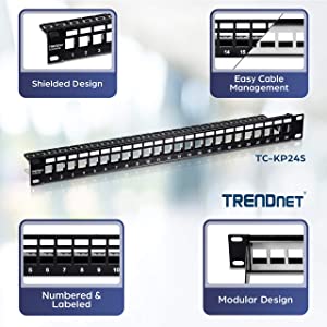 TRENDnet 24-Port Blank Keystone Shielded 1U Patch Panel, 1U 19" Rackmount Housing, Protects Against EMI/RFI Noise, Recommended with TC-K06C6A Cat6A Keystone Jacks (Sold Separately), Black, TC-KP24S 24 Port Blank Keystone