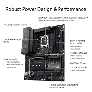 ASUS ProArt B760-CREATOR D4 Intel LGA 1700(13th and 12th Gen) ATX Content Creator Motherboard,DDR4,PCIe 5.0,3xM.2 Slots,2.5 Gb &amp;1Gb LAN,Front USB 3.2 Gen 2x2 Type-C,Thunderbolt(USB4®) Header