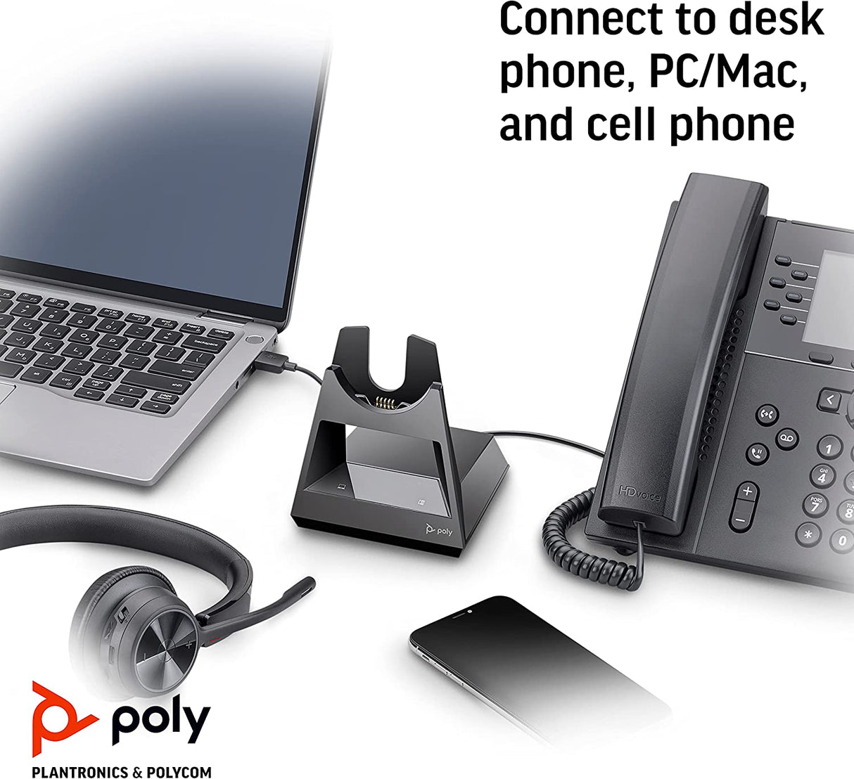 Poly - Voyager Office Base (Plantronics) - Compatible with Voyager Focus 2 and Voyager 4300 UC Series Headsets (Sold Separately) - Connect to PC/Mac, Deskphone, &amp; Cell Phone Standard Version Office Base (Headset Not Included)