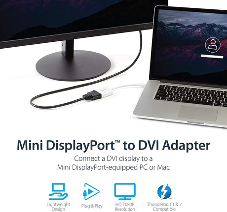 StarTech.com Mini DisplayPort to DVI Adapter - Mini DP to DVI-D Converter - 1080p Video - mDP or Thunderbolt 1/2 Mac/PC to DVI Monitor - mDP 1.2 to DVI Single-Link Adapter Dongle - White (MDP2DVIW)