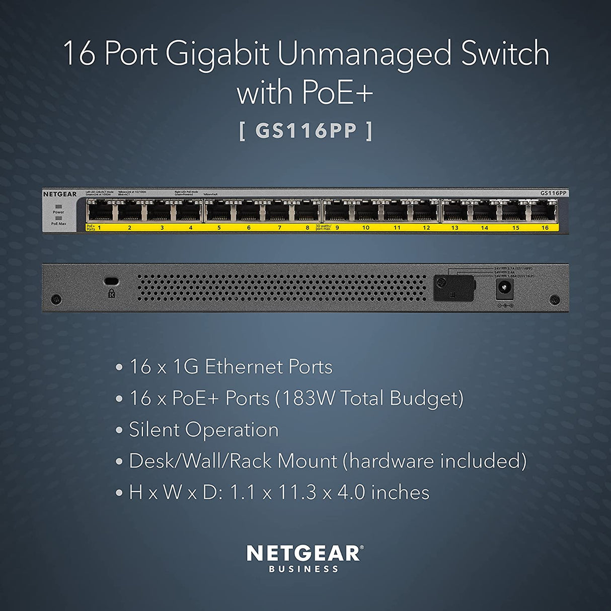 NETGEAR 16-Port Gigabit Ethernet Unmanaged PoE Switch (GS116PP) - with 16 x PoE+ @ 183W, Desktop, Wall Mount or Rackmount, and Limited Lifetime Protection Unmanaged 16 port | 16xPoE+ 183W
