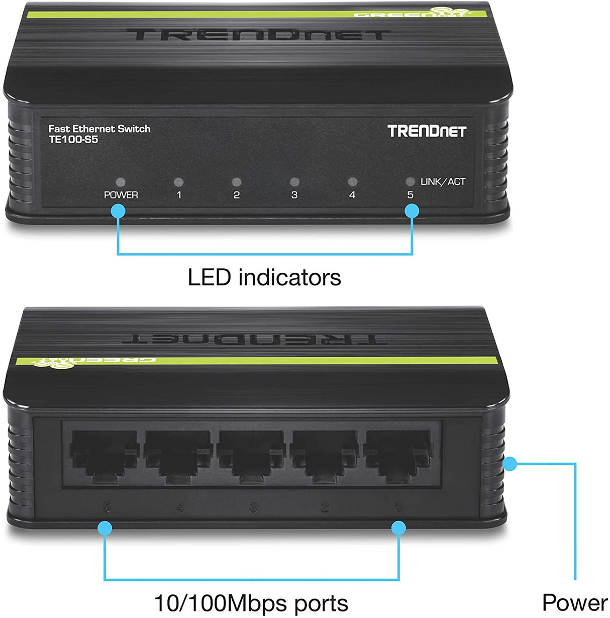 TRENDnet 5-Port Unmanaged 10/100 Mbps GREENnet Ethernet Desktop Plastic Housing Switch, 5 X 10/100 Mbps Ports, 1Gbps Switching Capacity, TE100-S5 5-Port Fast Ethernet