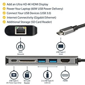 StarTech.com USB C Multiport Adapter, Portable USB-C Dock to 4K HDMI, 2-pt USB 3.0 Hub, SD/SDHC, GbE, 60W PD Pass-Through - USB Type-C/Thunderbolt 3 - REPLACED BY DKT30CHSDPD1 (DKT30CSDHPD) 4K 30Hz|60W PD