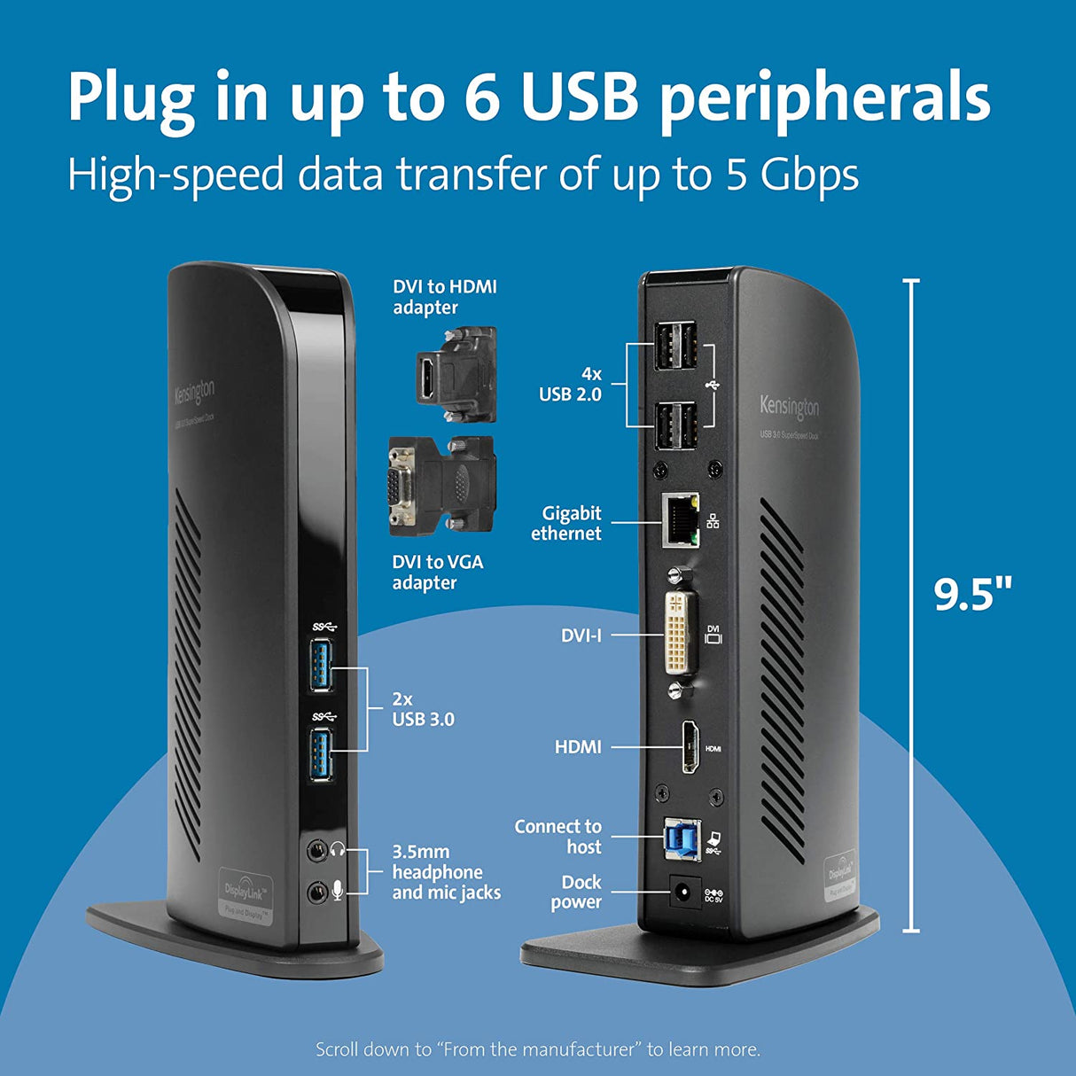 Kensington USB 3.0 Dual Display Docking Station for Windows, MacBooks, and Surface (K33972US) USB-A Dual 2K